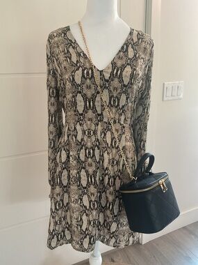 ***Sage The Label Snake-Print Long Sleeve V-Neck Dress in Neutral Tones